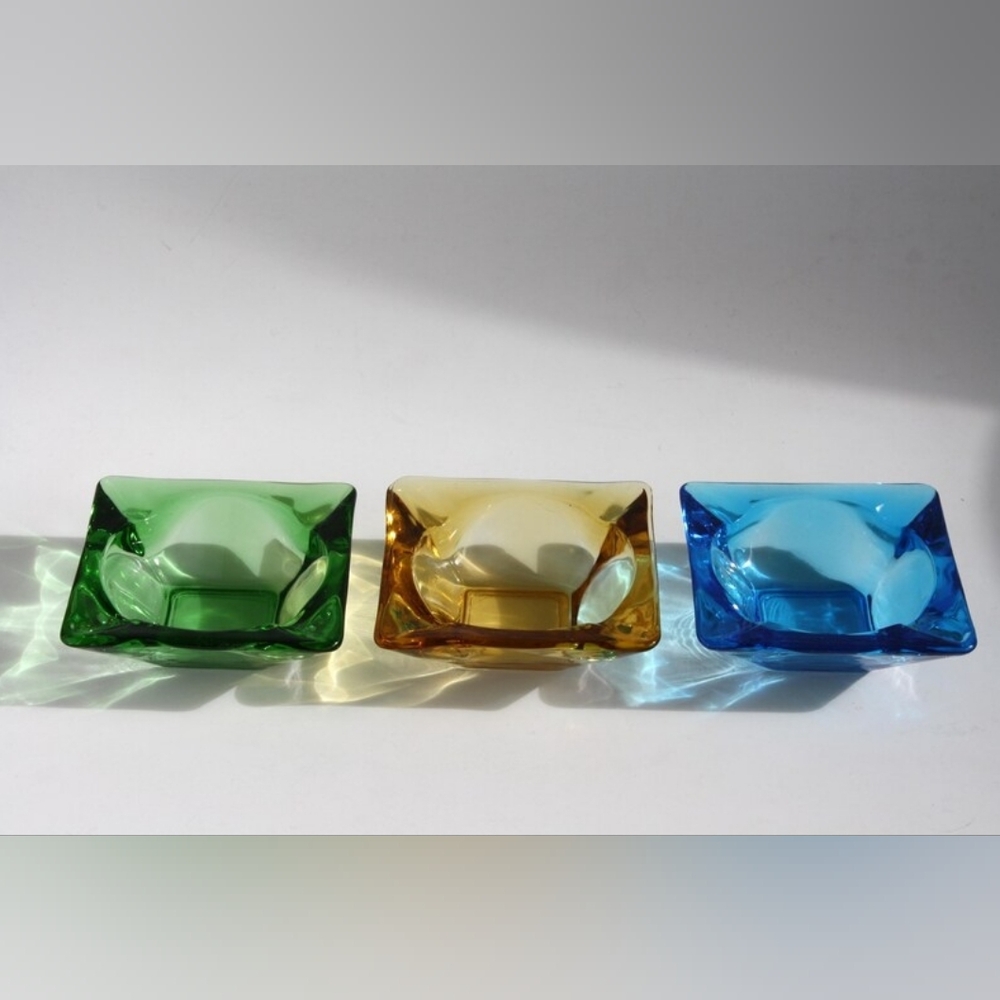 Set of 3 Vintage Colourful Glass square ashtrays 1960s 1970s Small
